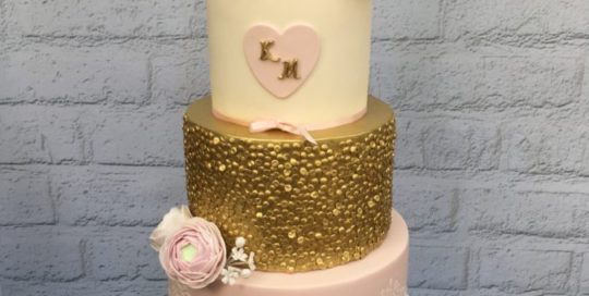 Gold & Pink Flowers Wedding Cake