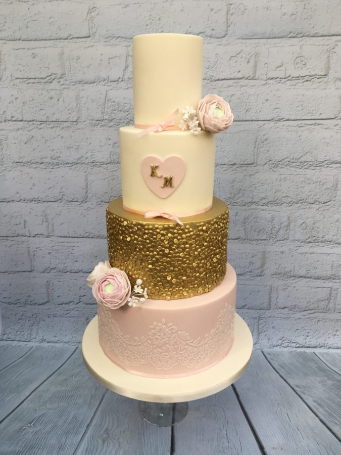 Gold & Pink Flowers Wedding Cake